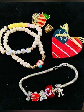 Teacher wood beaded & Silver tone Charm Bracelet Set and apple pins/brooches